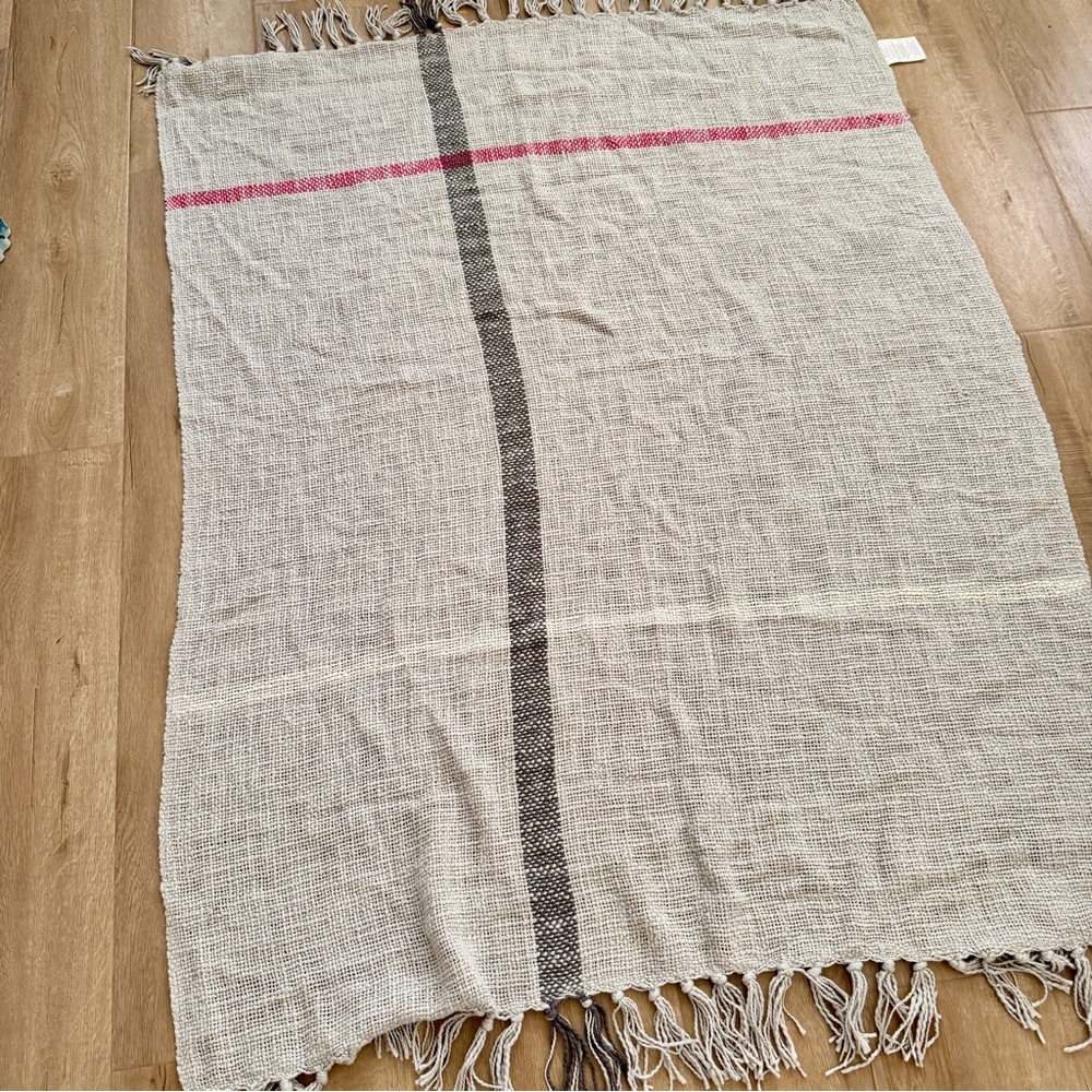 West Elm Blanket Throw Shawl 44" x 56" Woven w/ Fringe 100% Cotton Light Gray